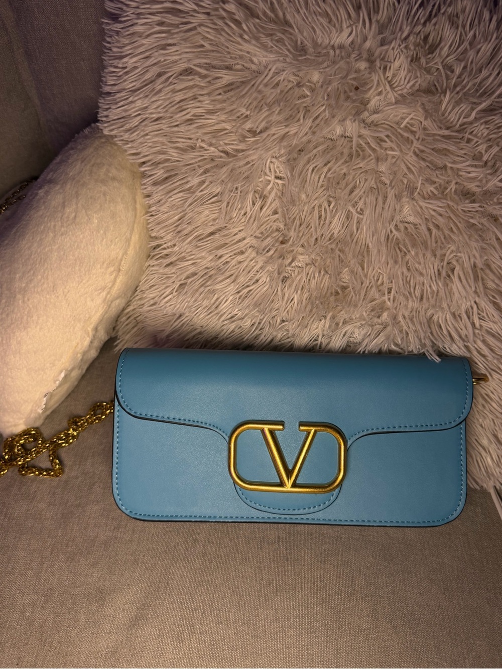 Valentino Blue Leather Chain Crossbody with Gold V Logo